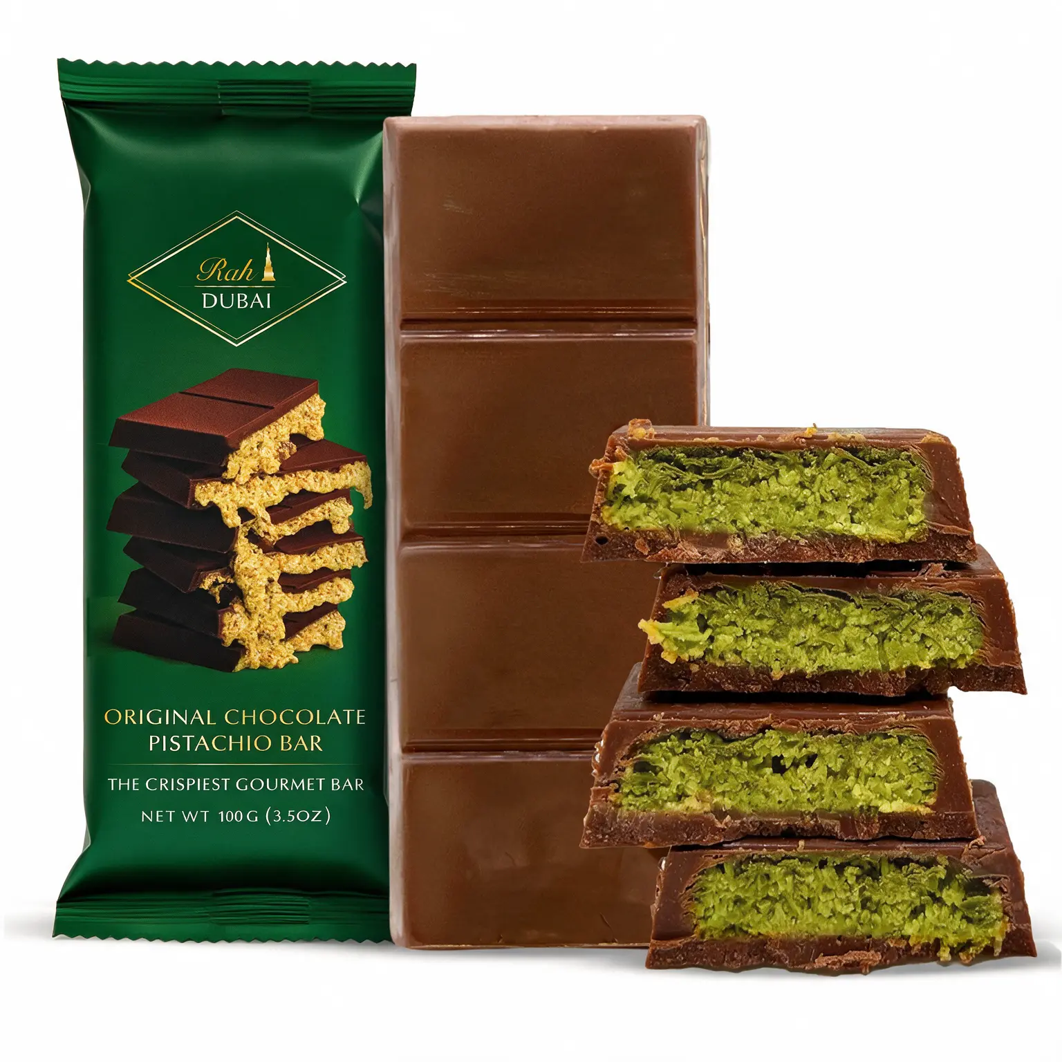 Rah Dubai Chocolate Bar Pistachio, 3.5oz - 100g, Premium Pistachio Chocolate Dubai Bar | Loaded with Kunafa | The Crunchiest Kataifi Delight Perfect for Sharing, Viral Candy with Shredded Phyllo Dough