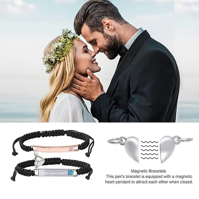 Adjustable Couple Bracelet Set, Heart Rate Bracelet & Rose Gift Box, Fashion Bracelet for Couples, Daily Clothing Decor, Trendy All-match & Exquisite Jewelry for Birthday Love Gift, Heart Charm Bracelet, Gift Ideas Valentine’s Day Gift Christmas Gift