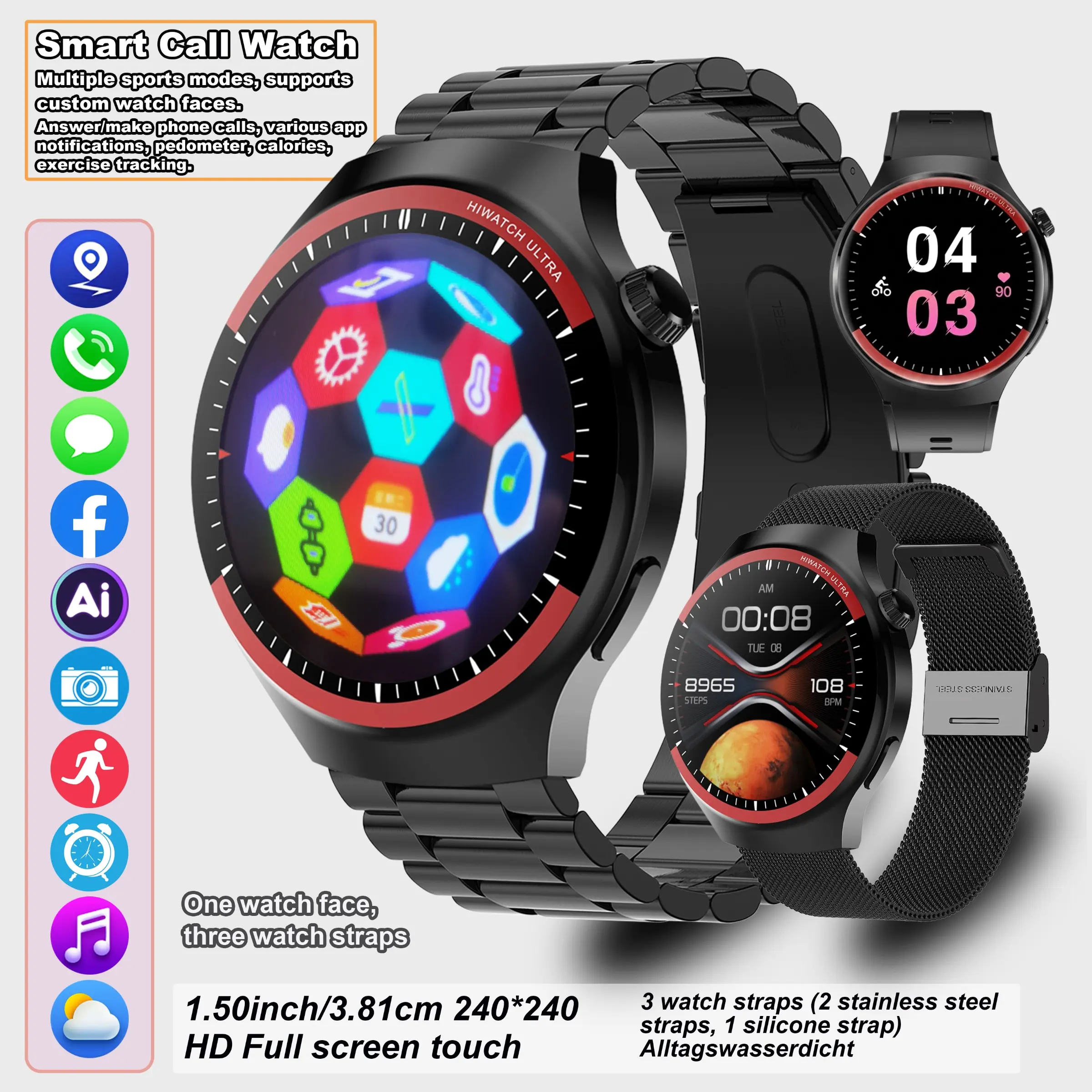 New business, Touchscreen smart watch, unisex, 1.50 inch HD touch screen, AI voice assistant, 3D rotating cube desktop, stylish technology feeling, ideal gift for tech enthusiasts, compatible with iOS/Android