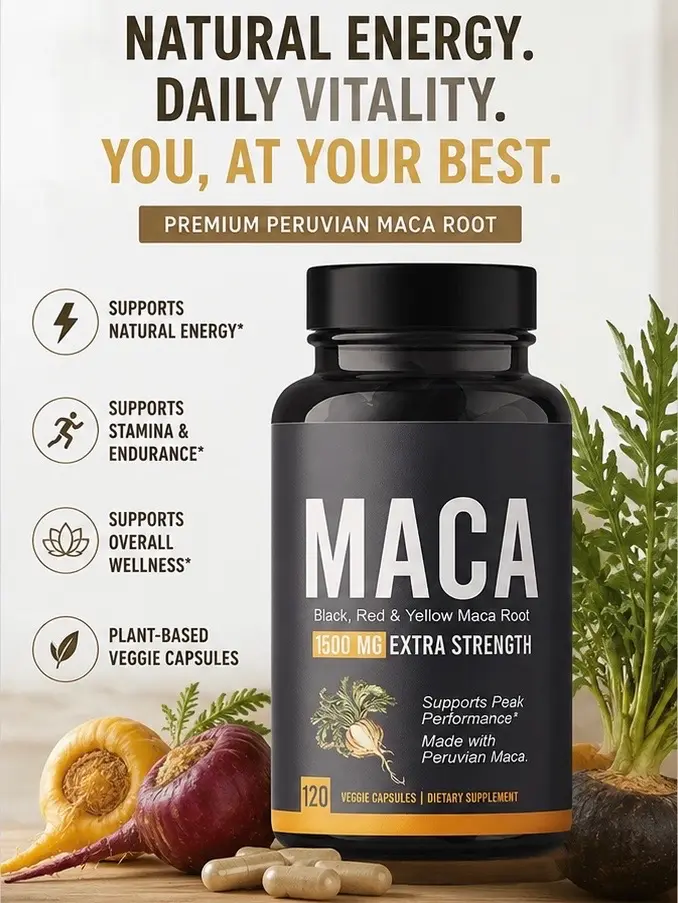 Maca Root 1500mg Extra Strength – Black, Red & Yellow Peruvian Maca – 120 Veggie Capsules – Daily Herbal Supplement
