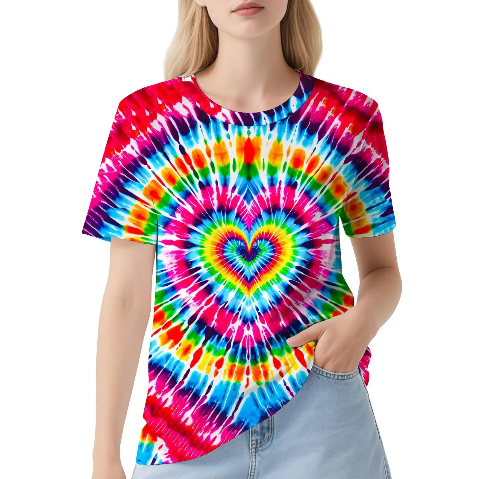 Women's Short-Sleeve Tie-Dye All Over Print T-Shirt - Soft, Breathable Fabric, Relaxed Cut, Colorful Style Tee, Hippie Streetwear Top for Music Festivals, Casual Summer Wear, Shortsleeve, Tshirt, Round Neck, Lady