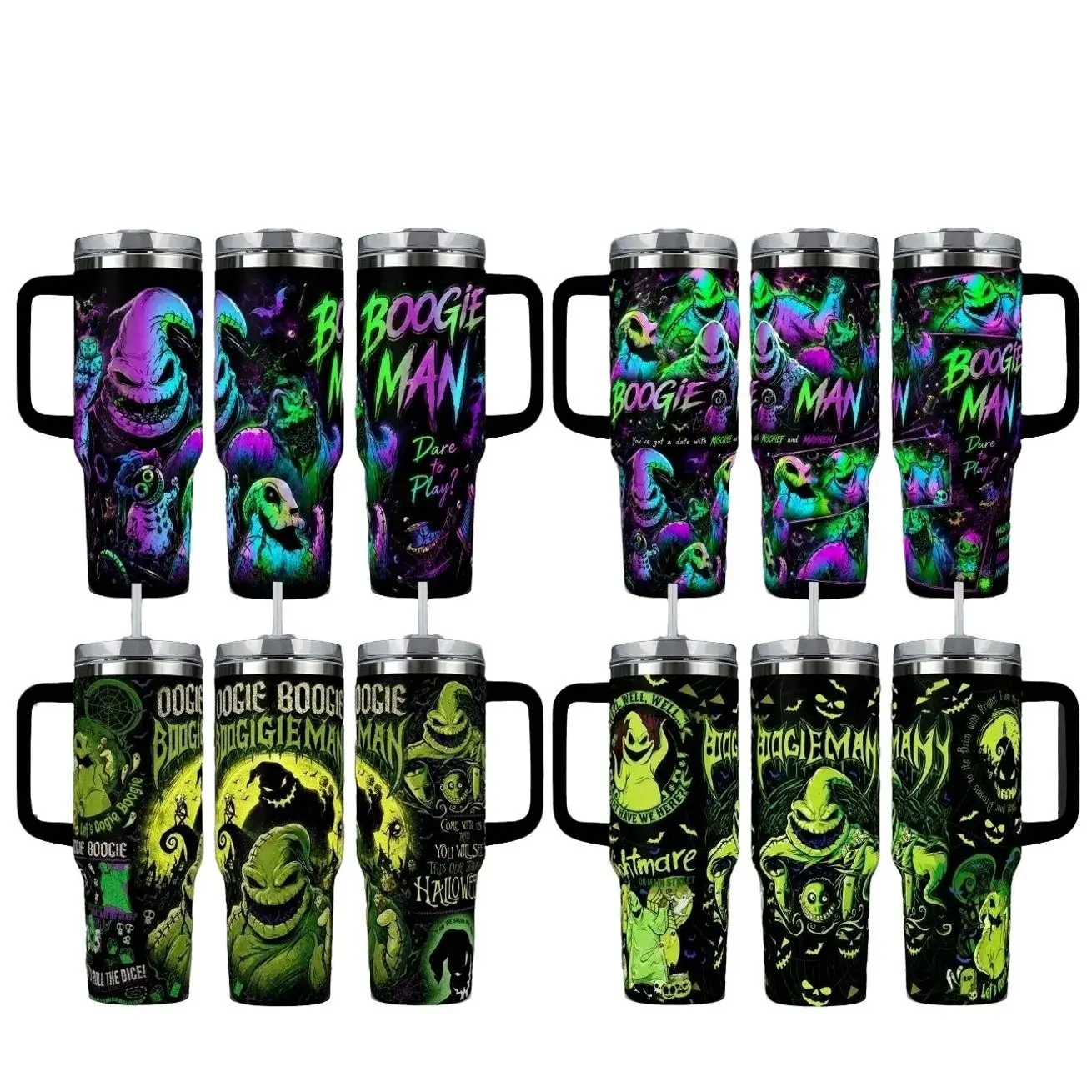 Gambling Bogeyman Tumbler, Halloween 40oz Cup with Handle & 20oz Travel Mug. Movie Fan Gift, The Bug King Gothic Style Insulated Coffee Cup, Nightmare Before Xmas Inspired Insulated Tumbler Featuring Neon Comic Style Graphic Design.