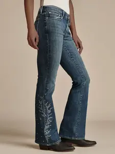 Women's Mid‑Rise Medium Wash Rhinestone Leaf Pattern Slim Bootcut Jeans, Western Cowgirl Y2K Stretchy Bell Bottom Denim Pants