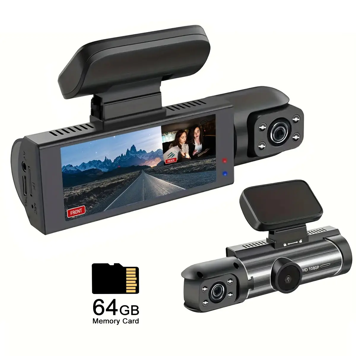 Dual Recording Car DVR Camera, Dash Cam with 64GB Memory Card