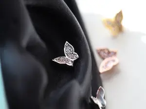 925 Silver Pave Butterfly Cartilage Earring • 18g Conch Stud • Dainty Tragus Piercing • Gold Butterfly Threadless Pushpin • Screwback Labret