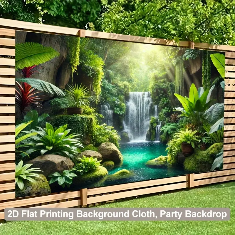 Large Size Polyester Tropical Rainforest Waterfall Pool 2D Flat Printing Backdrop Banner (1pc) - Natural Scene Wall Decoration for Home Supplies, Party Decoration Supplies, Business Use