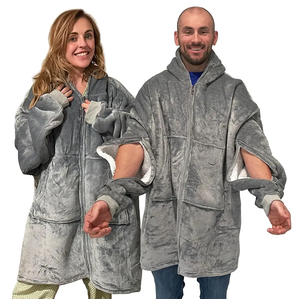 Dialysis Sweatshirt with Arm Zipper for Women and Men, Soft Oversized Wearable Blanket Hoodie with Dual-Arm and Chest Access