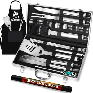 ROMANTICIST 26Pcs Grilling Gifts for Men, Dad Gifts for Father'S Day, Stainless Steel BBQ Grill Accessories Tools Set, Heavy Duty BBQ Utensils Kit with Apron, Thermometer, Mats in Aluminum Case Silver Pontual