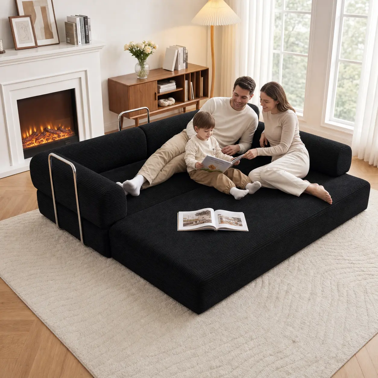 2-in-1 Convertible Sofa Bed Corduroy No Assembly Folding Floor Couch High-Density Foam Metal Support Back Cushions for Small Spaces Guest Rooms,sohochic