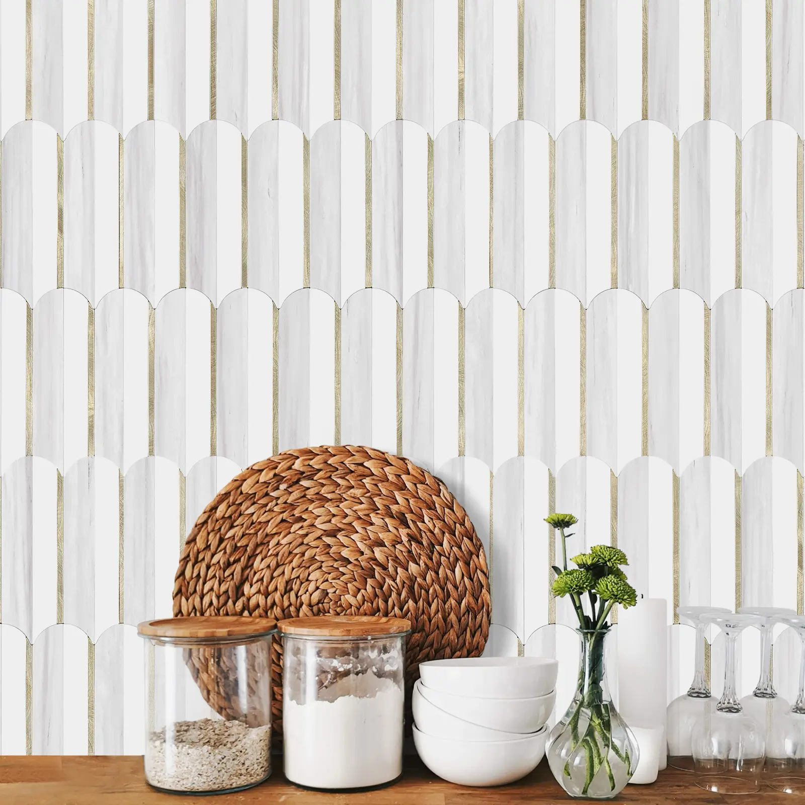 Vamos Tile 10-Sheet Peel and Stick Backsplash Seamless Tile,Stick on Backsplash for Kitchen,Dolomite Gray and White+Light Gold Metal Self Adhesive PVC Tiles (10 Sheets)