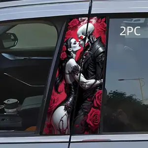 2pcs Rose Skull Couple B Pillar Decal, Gothic Romantic Car Door Sticker, Waterproof UV Resistant Vinyl, Perfect for Cars Trucks Suvs