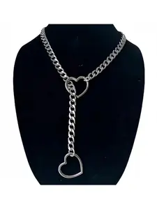 Heart Shape O Ring Sliding Chain Necklace, Love Heart Necklace, Unisex Punk Rock Cuban Link, Handmade Adjustable Y Shaped, Stainless Steel, All Seasons