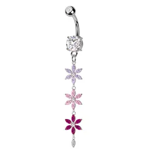 Triple Pink and Purple Flowers Dangling Belly Button Ring - 316L Stainless Steel