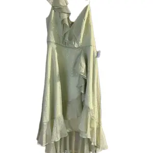 Mac Duggal Light Green Polka Dot Midi Float Dress with Ruffled Layers and V-Neckline for Elegant Occasions MSRP $278