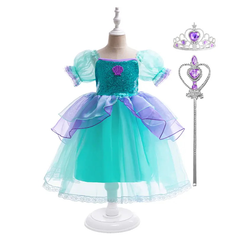 3-8Y Sequin Peacock Blue Mermaid Dress 013 with Crown Magic Wand Kids Clothes Role-playing Cartoon Cosplay Costume Fancy Carnival Stage Performance Princess Theme Holiday Party Frock Girls Ball Gown Children Dresses for All Season