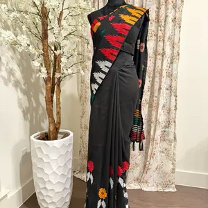 Black Dhaka Print Saree with Blouse - Traditional Design Featuring Colorful Patterns and Floral Accents
