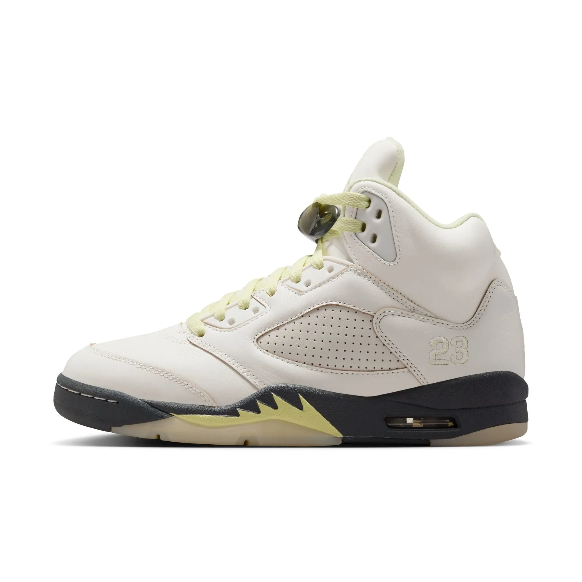 Air Jordan 5 Retro Women's Leather Sneaker in Luminous Green, Sail & Anthracite with Max Air Cushioning and Reflective Details, Trainer, Footwear, Real Leather, Casual, Chrome Accents, Reflective Trim, Lace Locks