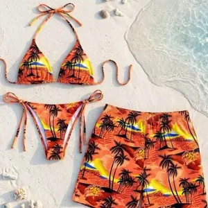 Matching Couple Swimwear Set, Tropical Palm Print Bikini and Trunks, Hawaiian Vacation Outfits