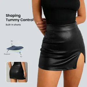 TCVC Women's Solid Color Back Black Side Split Leather short Skirt, Fashionable PU Leather Short Skirt for Daily Outdoor Wear, Ladies Bottoms for Spring and Summer, Side split leather shorts