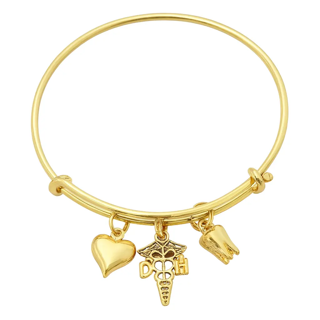 Dental Charm Bracelet – Gold Adjustable Bangle with Tooth, Heart & Caduceus Charms – Jewelry Gift for Dentists, Hygienists & Dental Students
