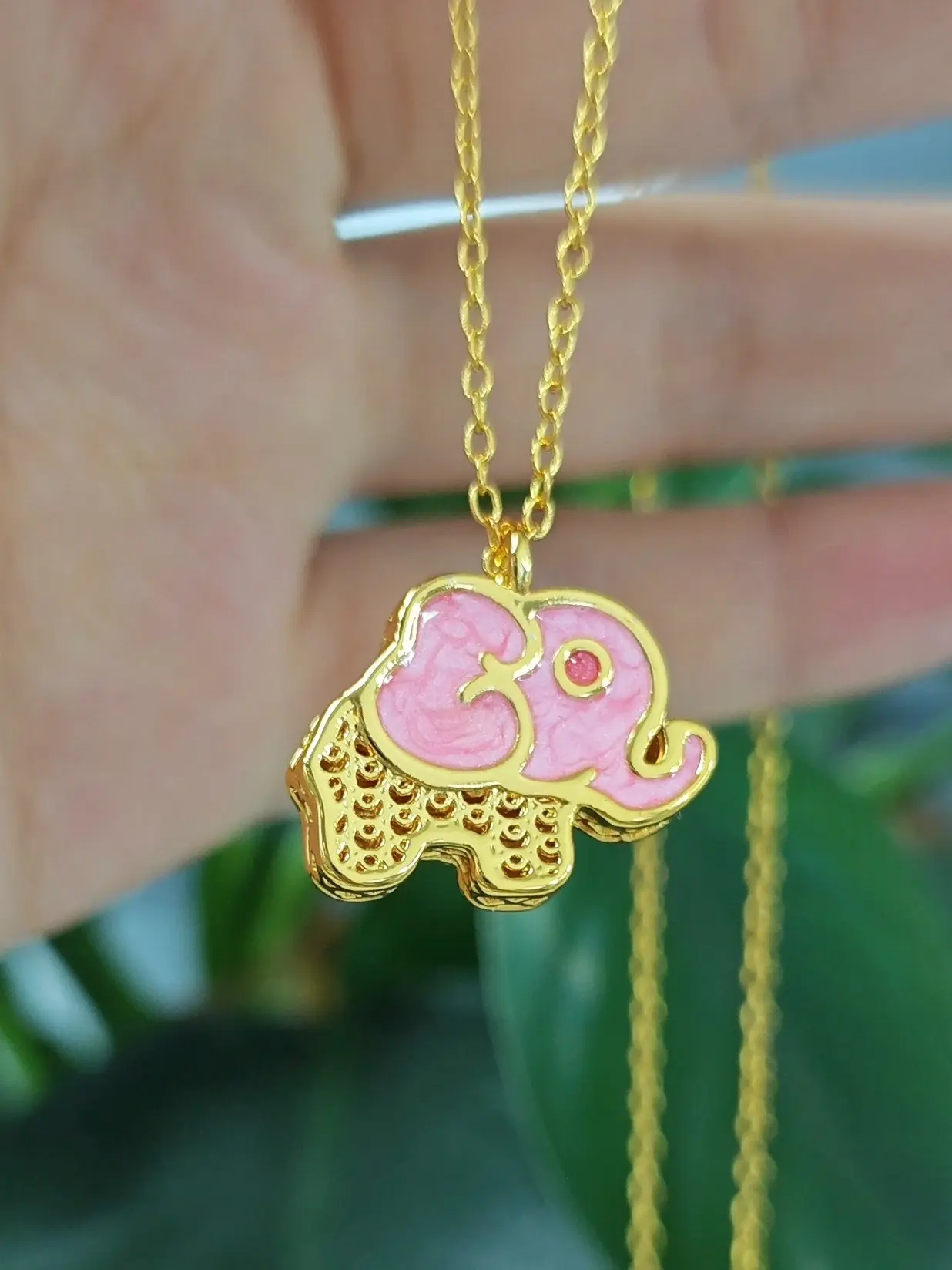 Aileen(17786)gc.Gold Pink Baby Elephant Pendant Necklace