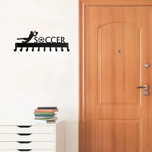 Soccer Goalie Medal Display Rack, 10-hook Metal Wall Organizer for Keys, Towels & Coats, Sports-themed Home Decor for Men's Room & Game Room, Shelves