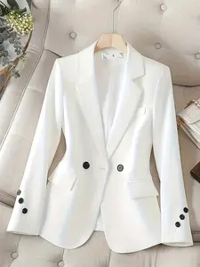 Women's Elegant Solid Blazer Jacket Suits, Long Sleeve Polyester Elastane Blend, Business Casual Fashion Outerwear, Office Essential