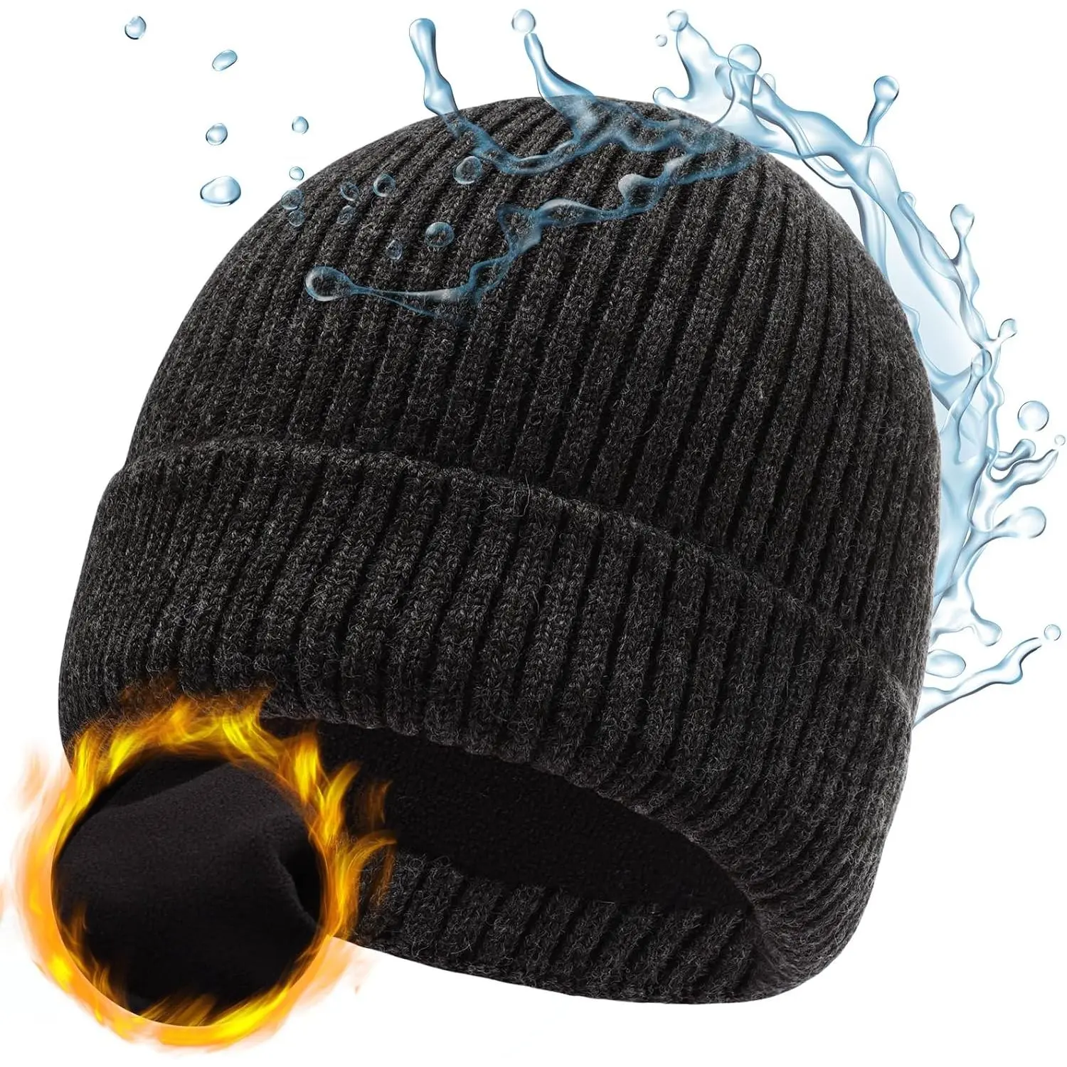 M/L/XL/XXL Waterproof Merino  Beanie for Men Women, Warm Fleece Lined Rainproof Windproof Winter Hat for All Weather