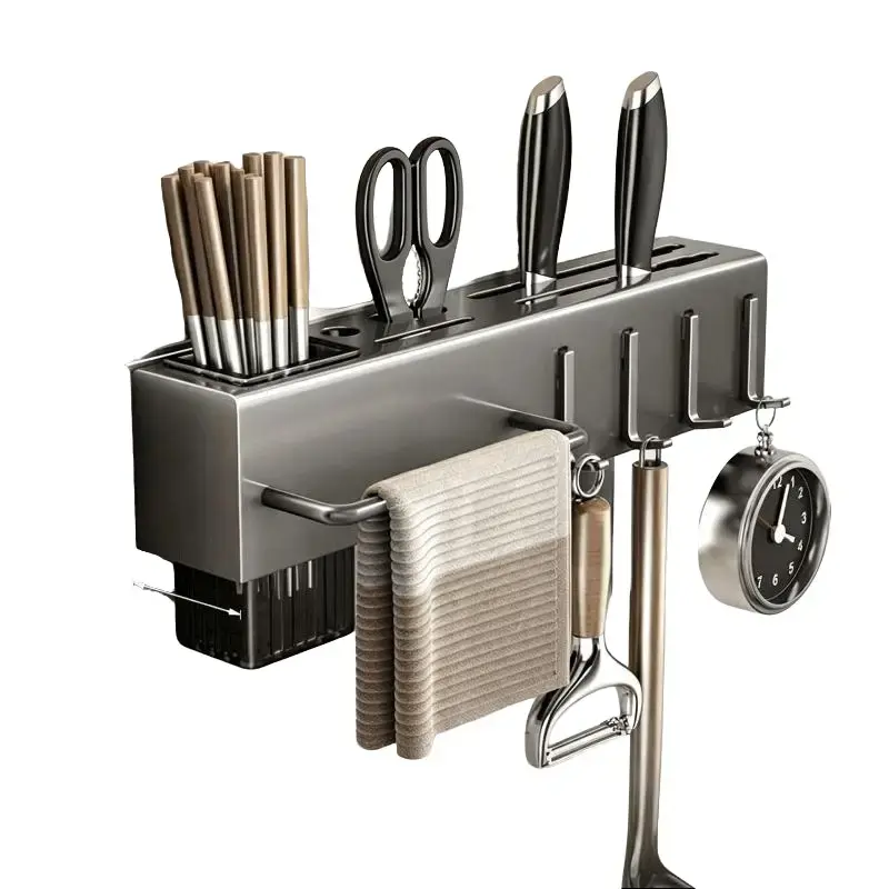 Aluminum Alloy Wall-Mounted Kitchen Storage Rack - Drill-Free Installation, Kitchen Accessories Organizer with Hooks, Chopstick Holders, Towel Racks for Home, Camper Use