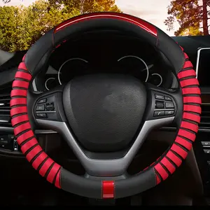 Fit Car Steering Wheel Cover - Non-Slip Grip, Ergonomic Design with Red Stripe Accents, Breathable Polyester & Inner Ring Protection for All-Season Use - Men & Women, Steering Wheel Covers for Cars, Christmas, gifts
