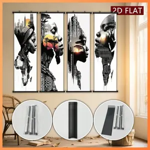 4pcs African Woman Portrait Canvas Wall Art Double Exposure Abstract Face Design with Tribal Patterns Africa Map Nature Scenery Cityscape HD Print Plastic Scroll Paintings for Living Room Bedroom Office Anti-Fade Ink Artwork Home Decor