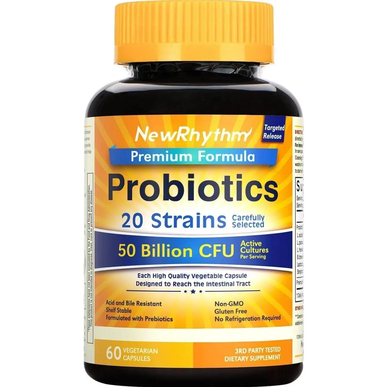 NewRhythm Probiotics 50 Billion CFU 20 Strains, 60 Veggie Capsules, Targeted Release Technology, Stomach Acid Resistant, No Need for Refrigeration, Non-GMO, Gluten Free