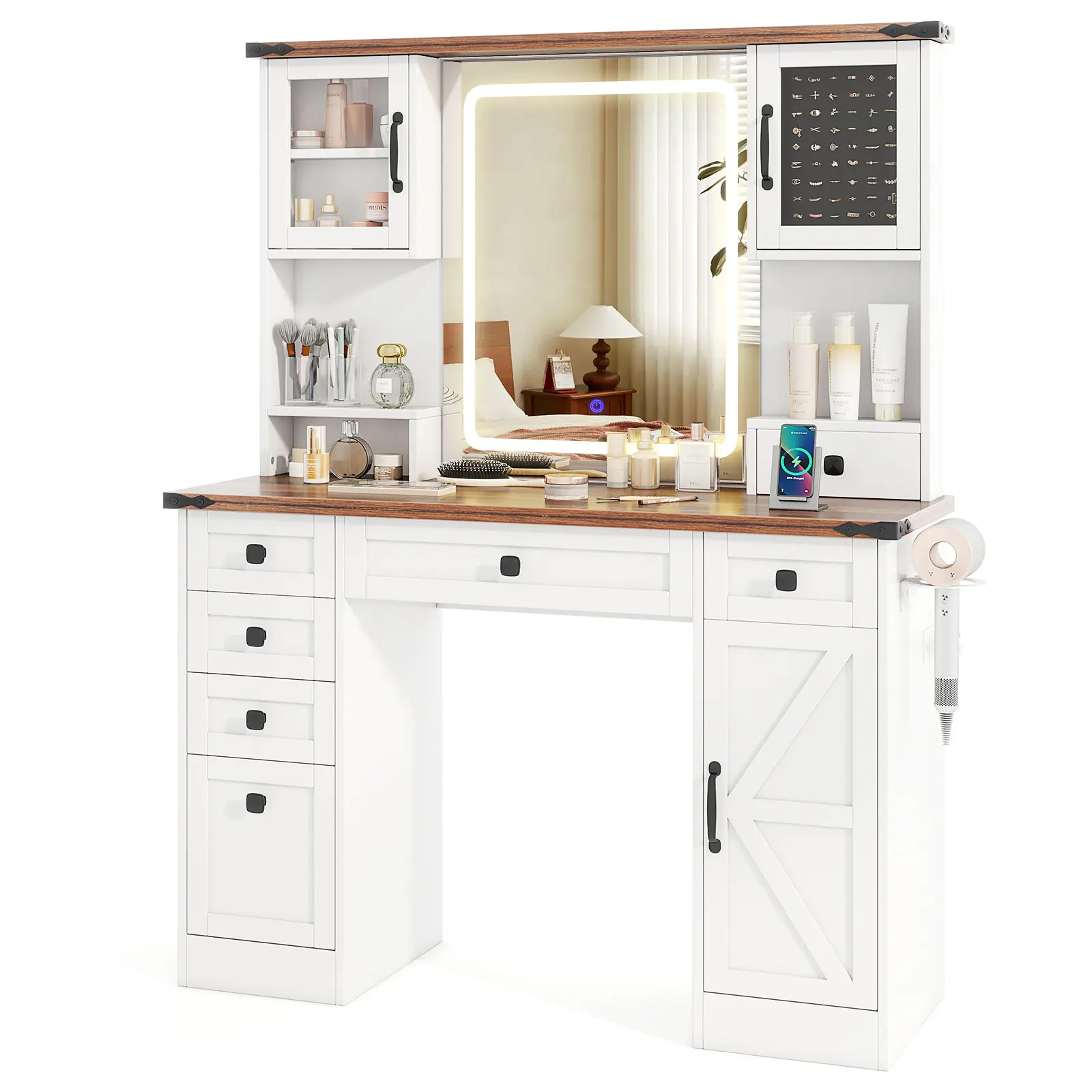 COSTWAY - Farmhouse Vanity Desk with Lighted Mirror and 3 Doors-White