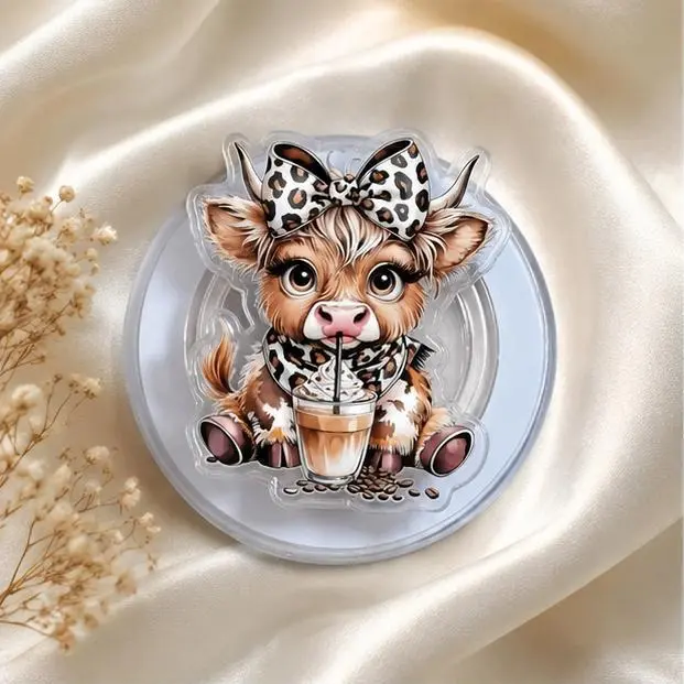 Western Highland Cow Iced Coffee Phone Grip | Cute Leopard Print Bow Animal Expanding Phone Stand Holder Accessory for Mobiles & Smartphones