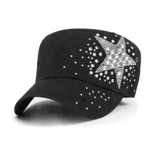 ililily Vintage Distressed Cotton Army Hat Star Shape Rhinestone Cadet Cap