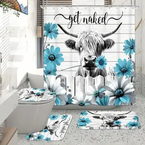 1/4 pcs fun Highland cow pattern design shower curtain set, non-slip floor mat, U-shaped carpet, toilet lid cover, perfect for bathroom decoration, partition, beautify the space, Bathroom Decoration Accessories, free 12 shower curtain hooks