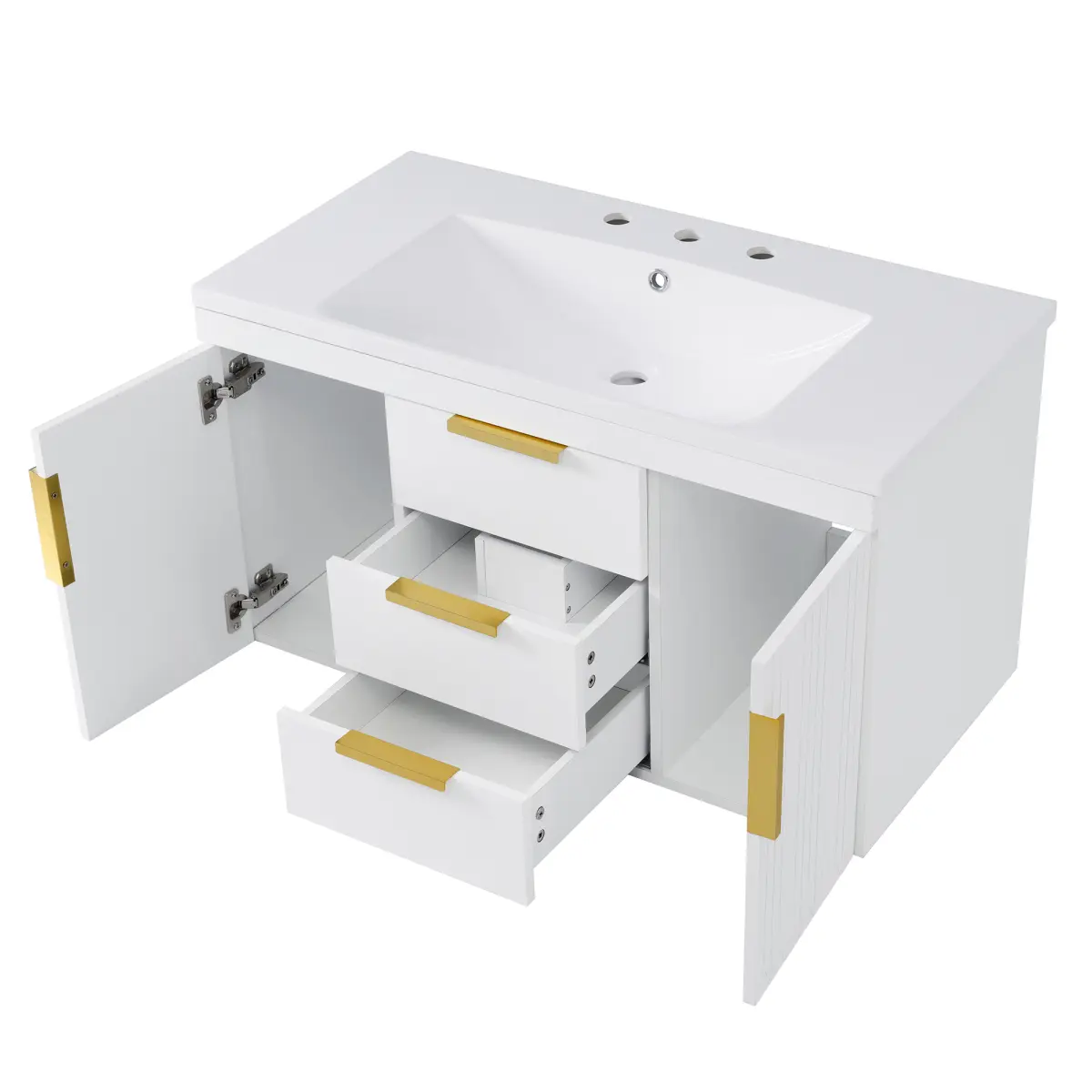 36" White Floating Wall-Mounted Bathroom Vanity - MDF Enclosed Compact Full-Size Drawer-Style Cabinet, 2 Drawers, Resin Undercounter Sink, Space-Saving Sturdy Construction, Compact Wall Cabinets, Drawer-Style Wall Cabinets