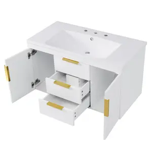 White 36" Wall-Mounted Bathroom Vanity with Resin Undercounter Sink MDF Cabinet 2 Drawers Floating Vanity with Extra Support Cleat Space-Saving Design