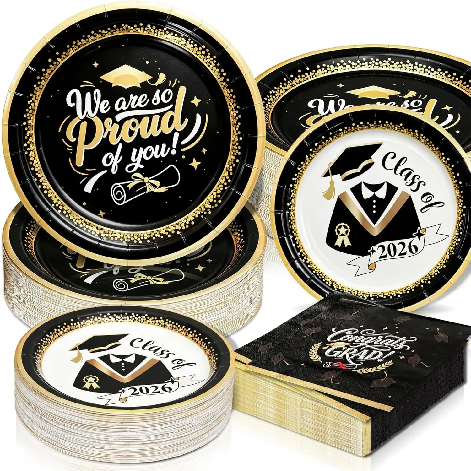 2026 Graduation Party Supplies for 50 Guests Black Gold - 150 Pcs Thickened Disposable Plates, Dessert Plates, Napkins Dinnerware Set,Elegant 2026 Grad Par