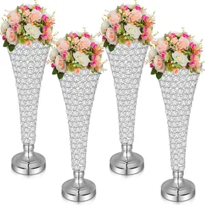 Rtteri 4 Pcs Crystal Trumpet Flower Vase 20 Inch Tall Wrought Iron Crystal Vase Flower Stand Centerpieces Wedding Table Vases Decor for Home Anniversary Ceremony Party Event Christmas (Silver)