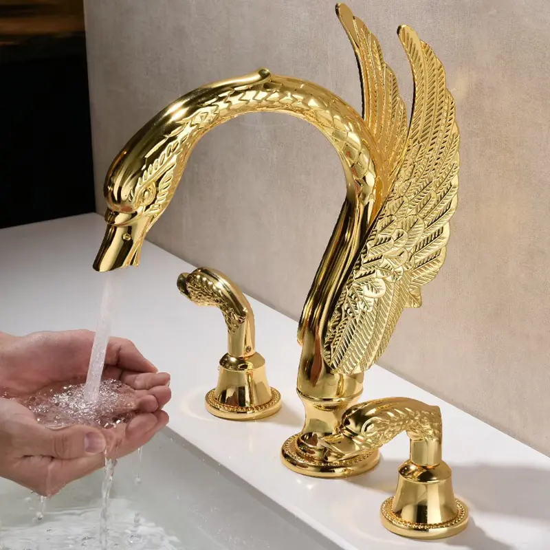 Luxury Golden Swan Bathroom Sink Faucet with 3-Holes Wide Spread Installation, Double Swan Handle Design & Brushed Golden - Valve Core, Complete Hardware Included (G9/16 Threads) - Classic Contemporary Vanity Faucet for Bathroom Sinks, 15.75 INCH Hose