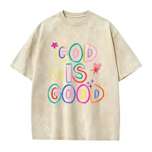 Women's Colorful "God Is Good" Hand-Drawn Graphic Short-Sleeve T-Shirt, Y2K Aesthetic Oversized Elastic Cotton Fabric Top