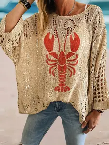 Spring Summer Round Neck Hollow Out Batwing Sleeve Top, Lobster Print Bohemian Style, Beach Vacation Casual Layered Vest, Womenswear