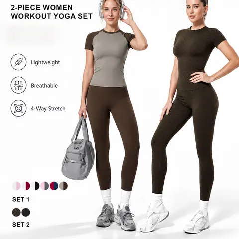 TIMEOFF Women's 2-Piece Everyday Active Training Sweat Suit Set - Raglan Sleeve Color-Block Fitted Top, High-Waist Leggings, Stretchy Breathable Sports Outfit for Yoga, Gym