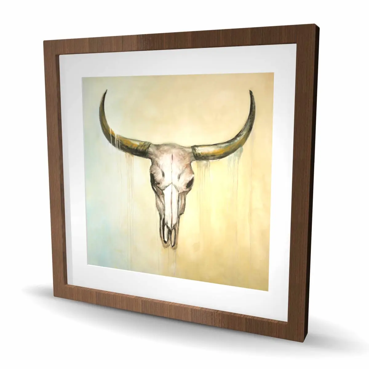 212 MAIN Artistic Brown Western Wood-Framed Matted Cow Skull Print - 24x24 in, Farmhouse Home Decor Wall Art Decoration Poster