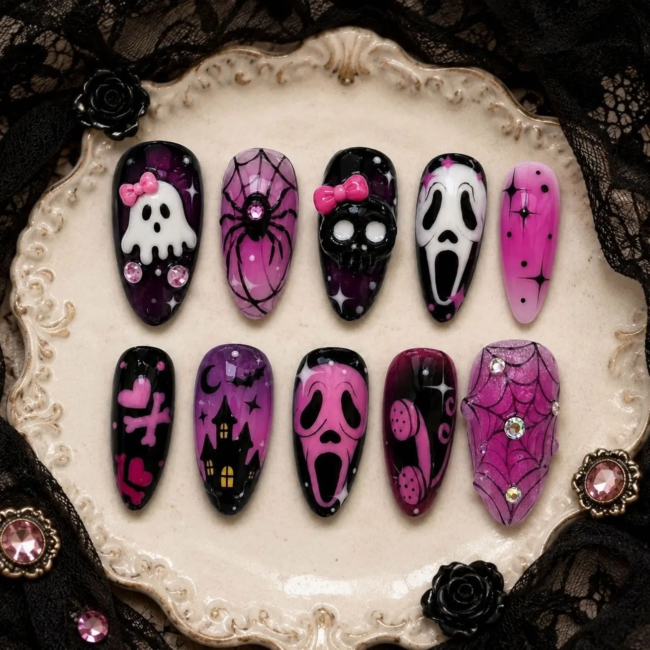 Pink Black Halloween Press On Nails, Ghost Face Art, Spider Web Details, Skull Accent, Crystal Embellishments, Gothic Glam Seasonal Nails