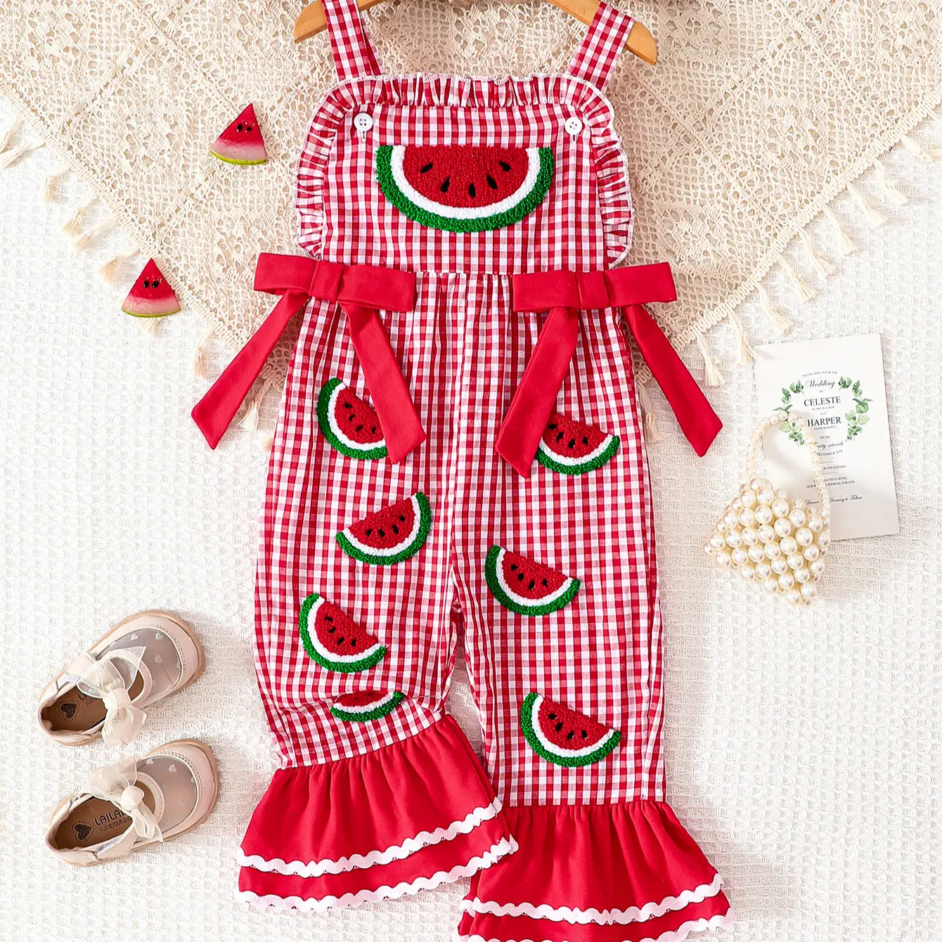 Toddler Girl 12M-5Y Watermelon Embroidered Jumpsuit, Red Gingham Sleeveless Overalls with Bowknot C475