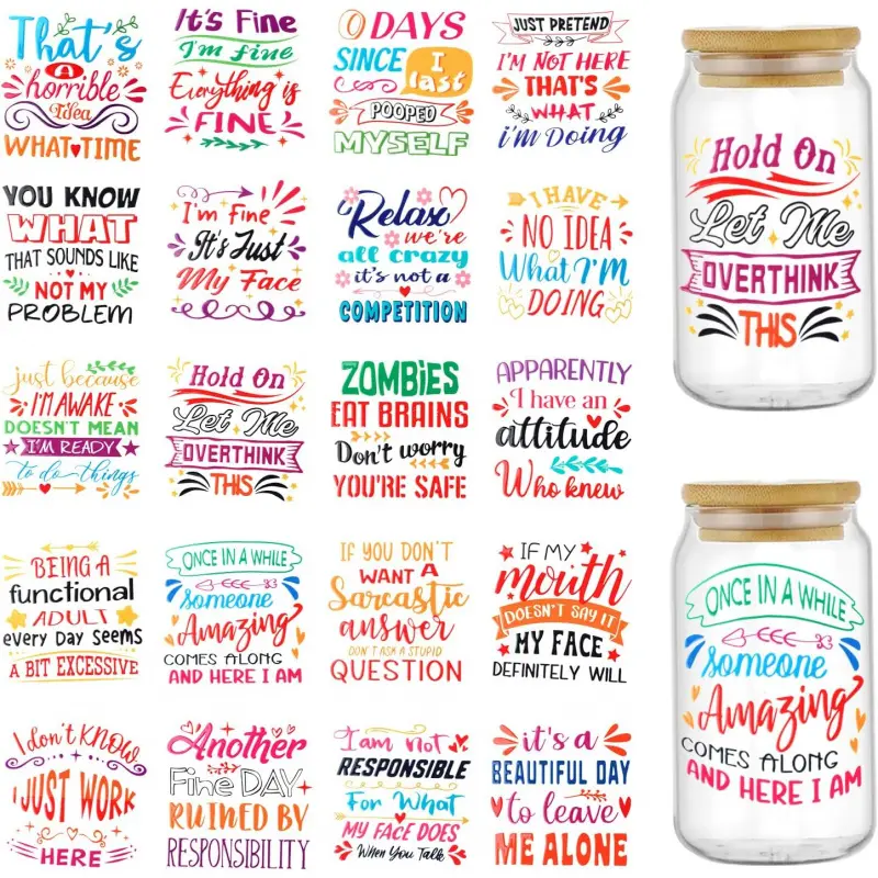UV DTF Cup Wrap, 20 Sheets Funny Sarcastic UV DTF Stickers Uvdtf Cup Wraps for 16oz Glass DIY Water Bottle Fun Stickers Decal