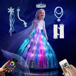 UPORPOR White Light-Up Princess Dress for Girls 100+ LED Modes Music Sync Christmas Halloween Ice Princess Costume with Accessories, Ages 3-9, No Battery Included