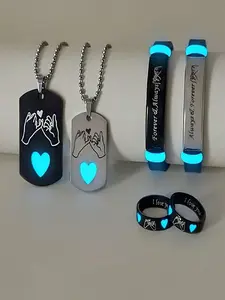 6 Piece Glow-In-The-Dark Heart Hook Stainless Steel Couple Necklace Bracelet Ring Set, Matching Jewelry Set, Fashion Jewelry Gift for Women, Punk Style